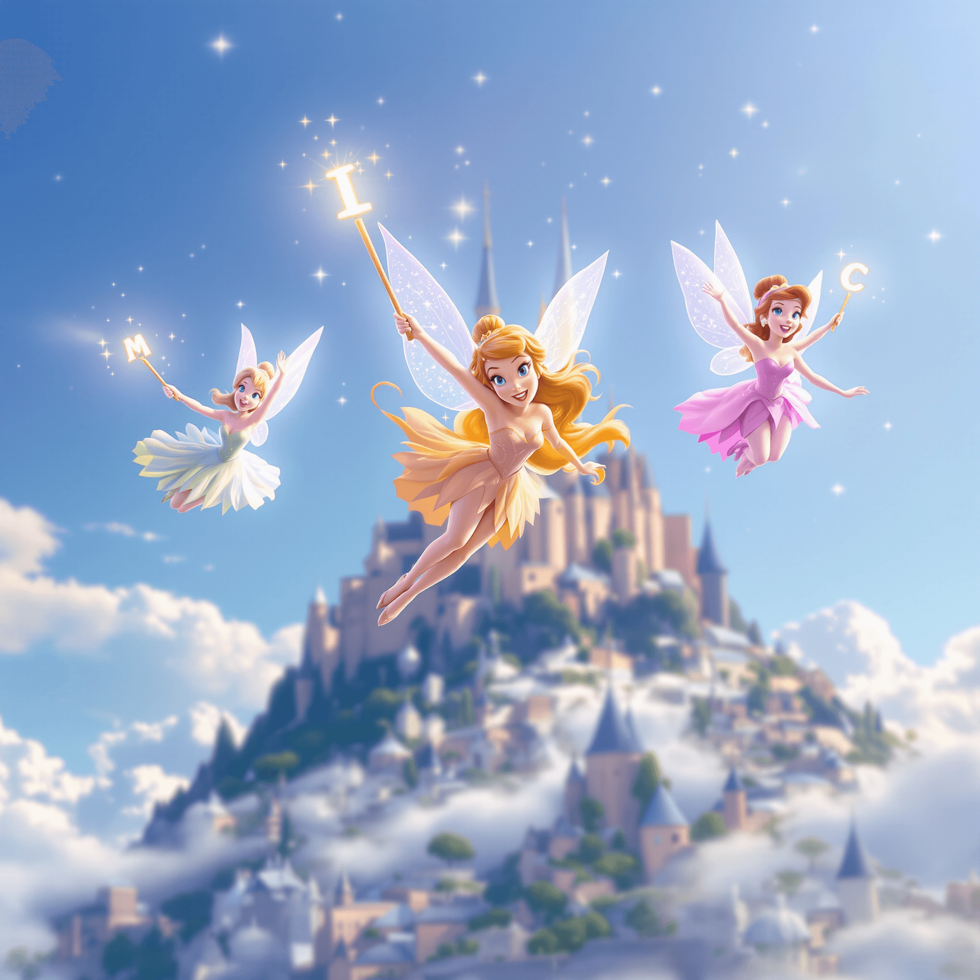AI generated: A wide-shot Pixar/Disney-style scene of the three fairies from Sleeping Beauty flying in the air, in...