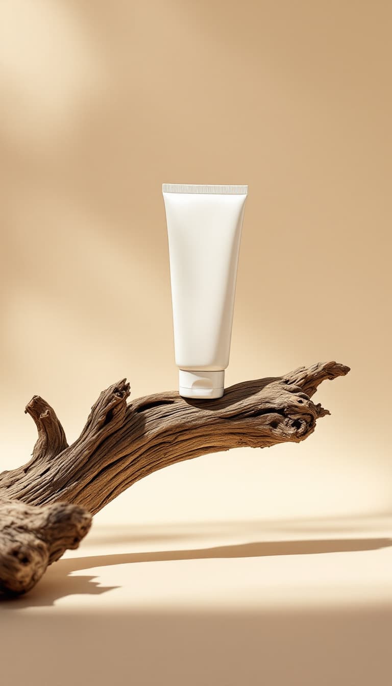 AI generated: A low angle, looking up at the product photography, in muji style, a white skinny cream tube on top ...