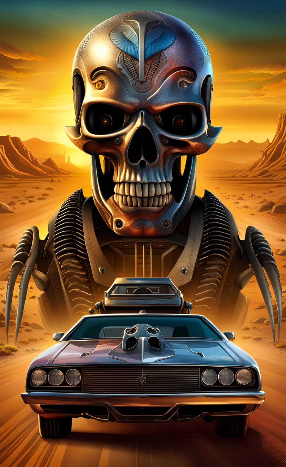 AI generated: A future punk poster, of a terminator cybernetic machine type biological android, with intricate det...