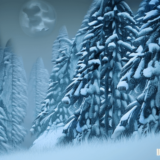 AI generated: blue theme, snow, snowy, dark, full moon, moon, moonlight, night, night, no humans, outdoors, scener...