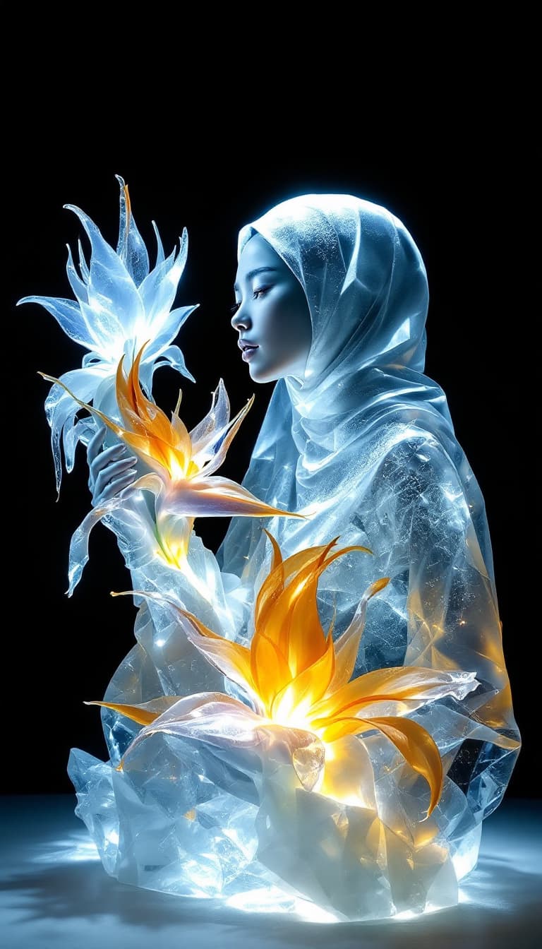 AI generated: Ultra-realistic and ultra-detailed ice sculpture of a young, beautiful Southeast Asian woman wearing...