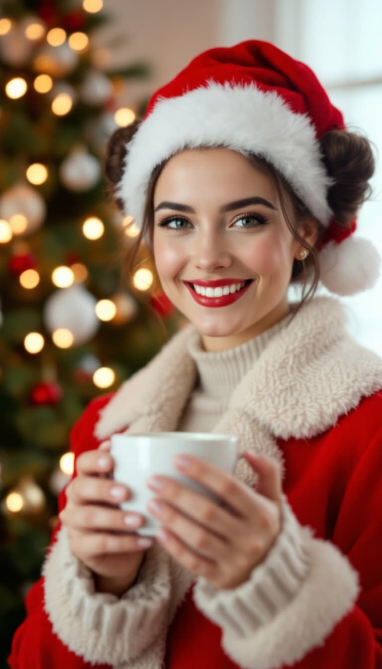 AI generated: A 35 years old woman with two buns hairstyle, wearing christmas suit and santa claus hat and smiling...