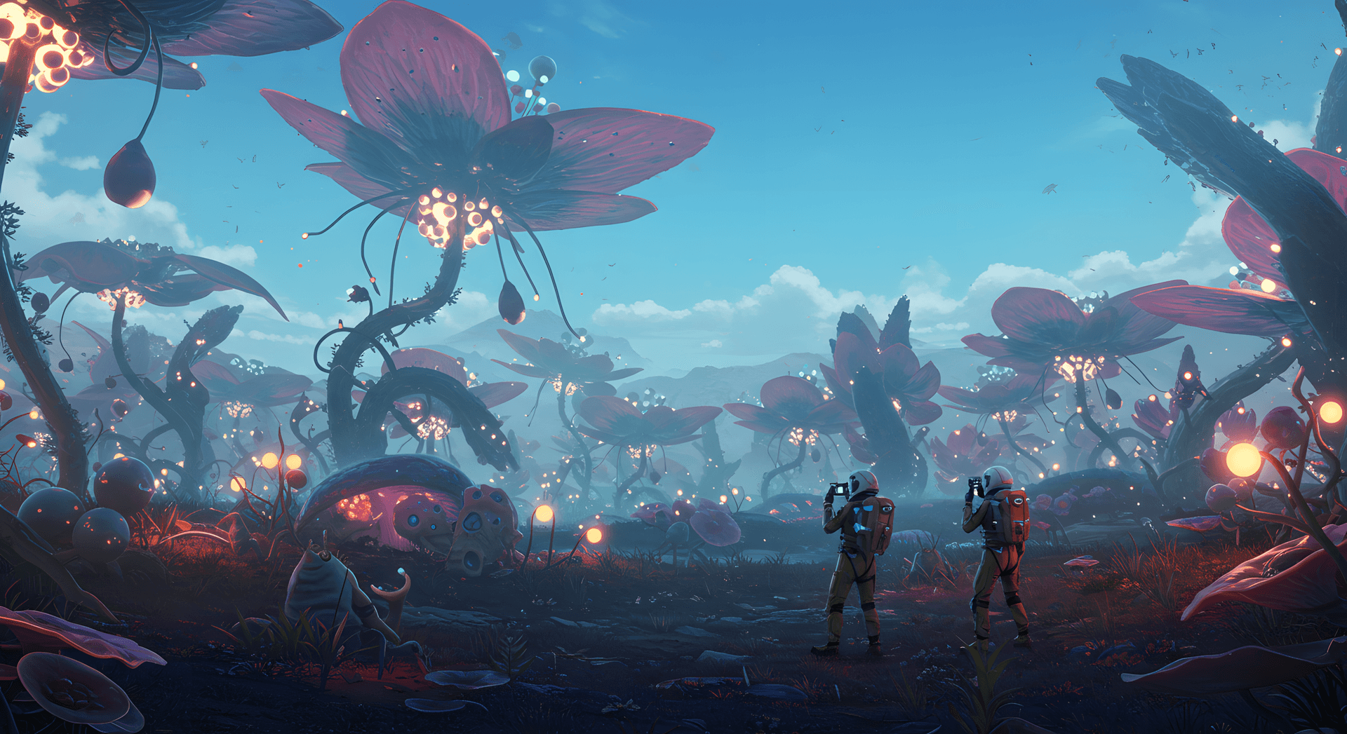 AI generated: surreal alien world with huge, glowing plants and strange creatures two astronauts explore the vibra...