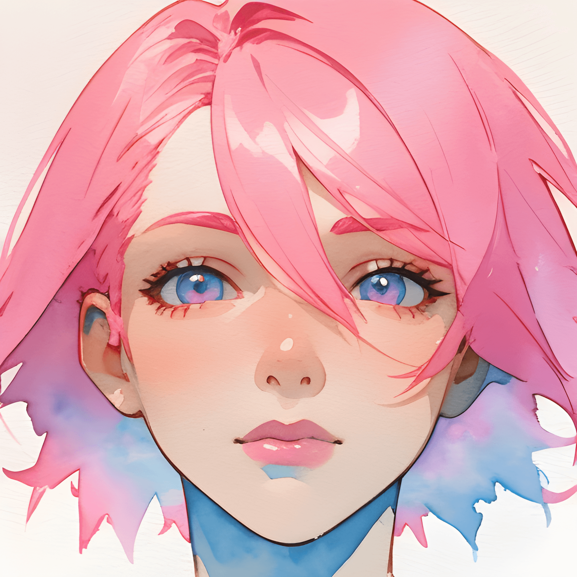 AI generated: a watercolor painting of a woman with pink hair, a watercolor painting, tumblr, process art, symmetr...