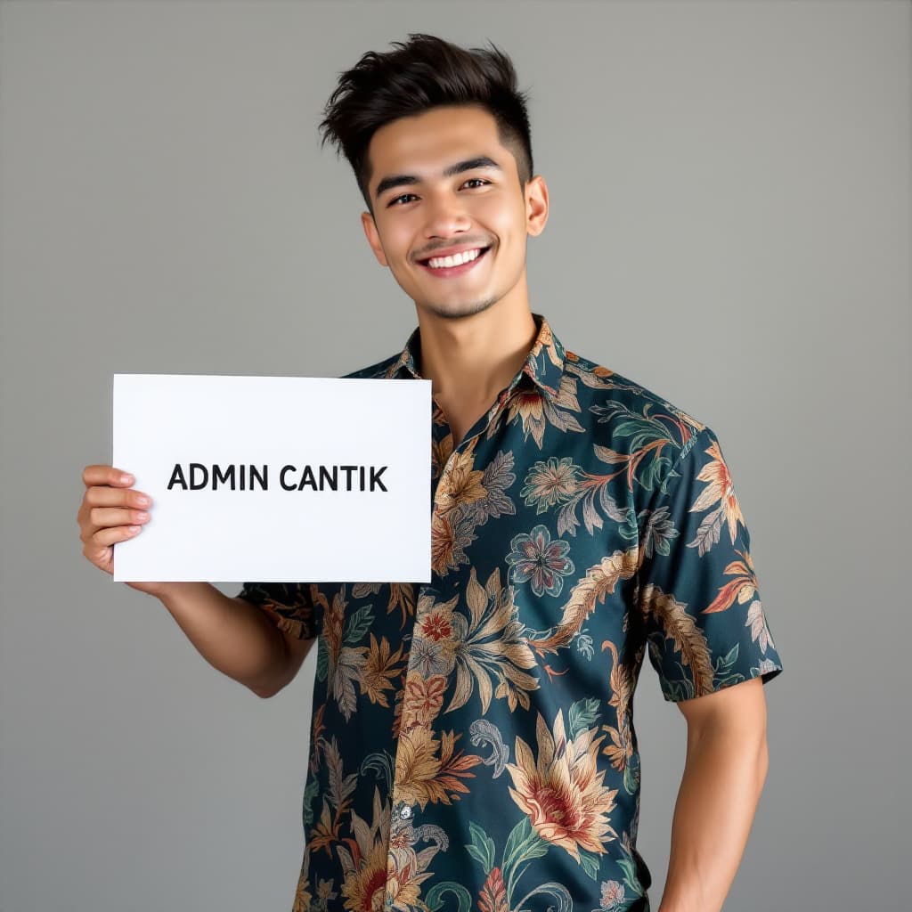 AI generated: Indonesia handsome man,full body,batik clothes,fit body,holding white board with text "ADMIN CANTIK"