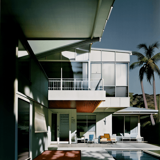 AI generated: Hyper realistic eye level exterior photo of a mid century modern style house overlooking the ocean, ...