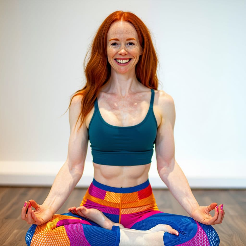 AI generated: busty redhead young woman smiling at viewer, practice yoga, Laying pose. online course at home to me...