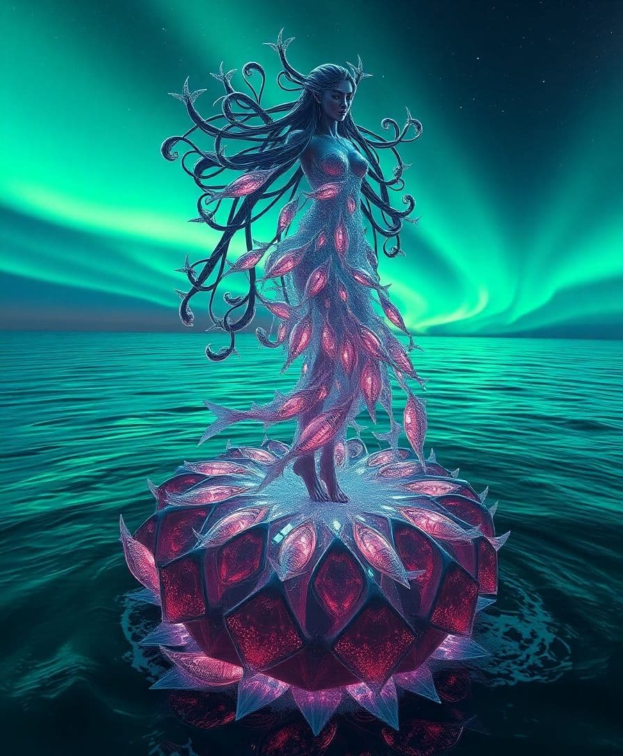 AI generated: Panopticon Hidden Horizons: Arctic Cyber Elves fishes congregation around a water and Tornado water ...