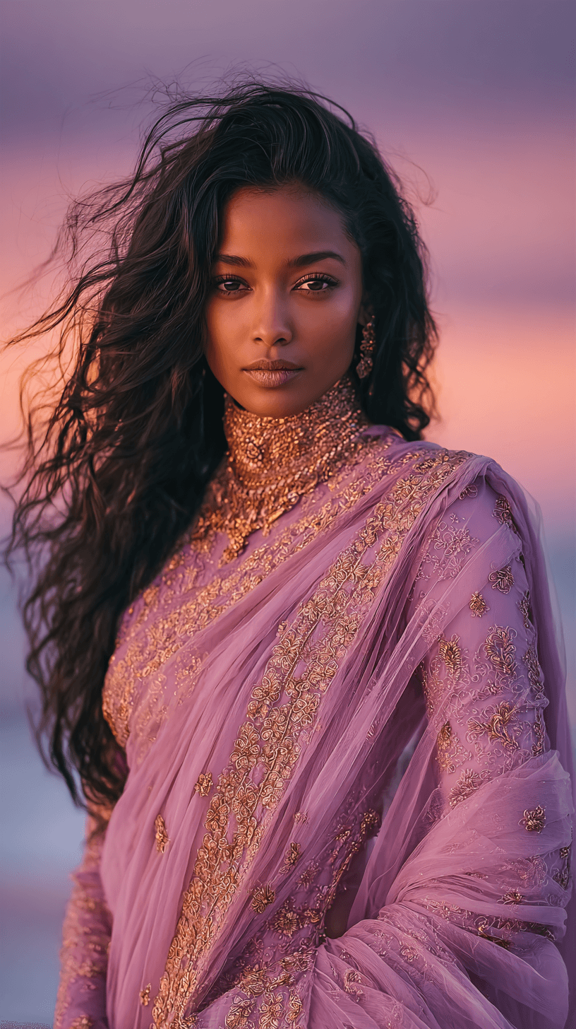 AI generated: A hyperrealistic breathtakingly beautiful Indian woman— her form radiating celestial grace. She stan...
