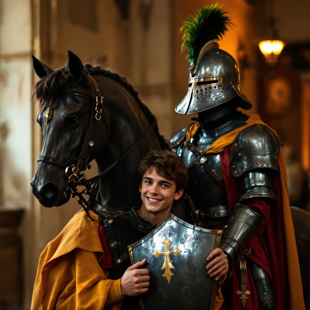 AI generated: A young man dressed as a medieval page in a yellow and black tunic stands proudly in front of a deta...