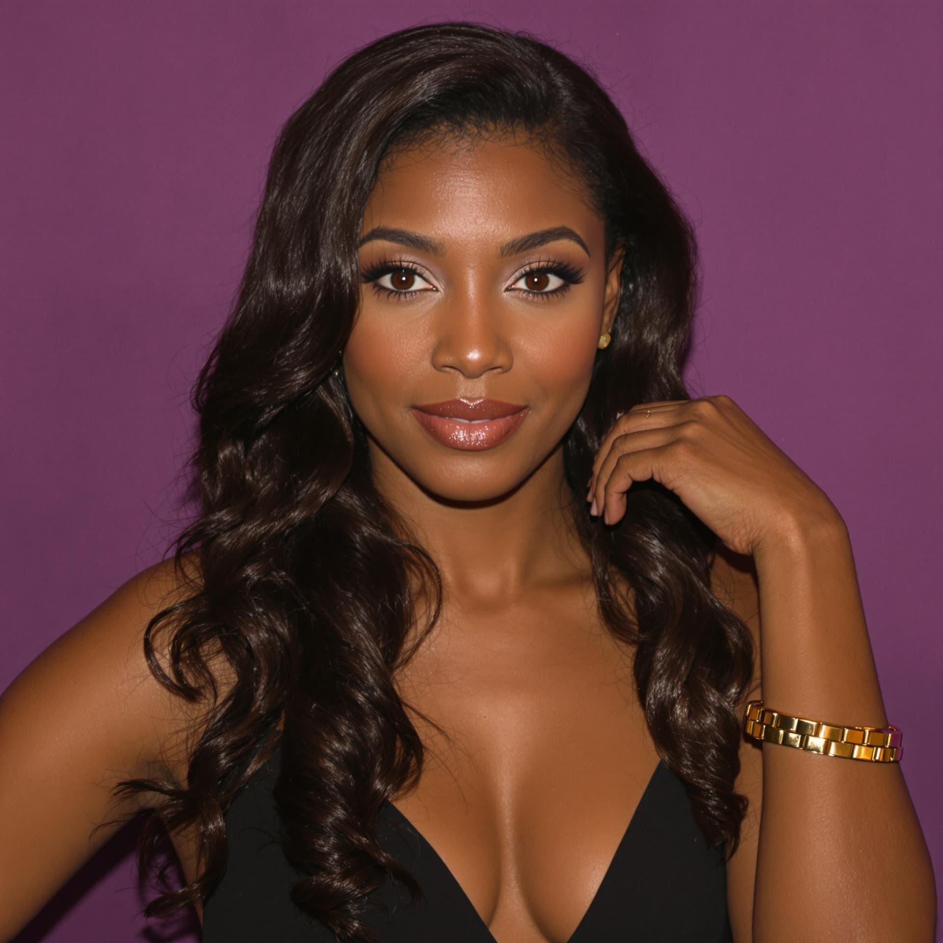 AI generated: A black woman with long, wavy dark brown hair, wearing a black dress, a gold bracelet. She has fair ...