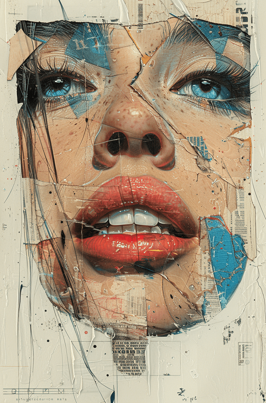 AI generated: print collage of a woman's face, in the style of josef kote, grunge beauty, dain yoon, cyan and blue...