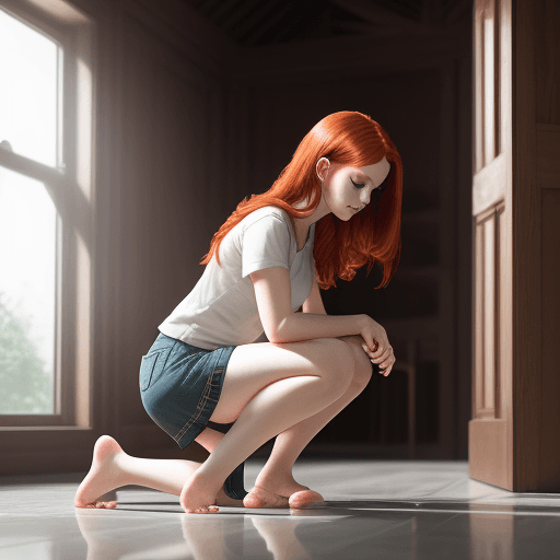 AI generated: < redhead girl, full body, on knees and hands cleaning floor natural lighting, 4k, photography, phot...