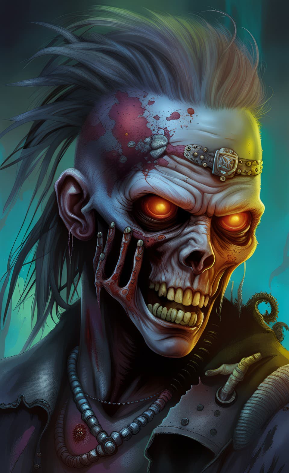 AI generated: A portrait of a metal punk rock band in a post-apocalyptic world, overrun by zombie skeletons, cyber...