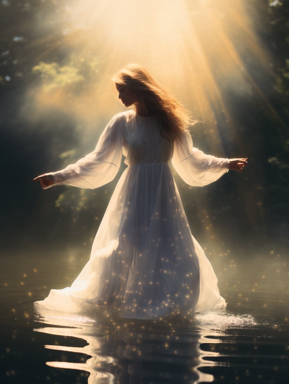AI generated: a person walking down a tree lined road,  rays of light in volumes of fog, by Joop Sanders, pic, lig...