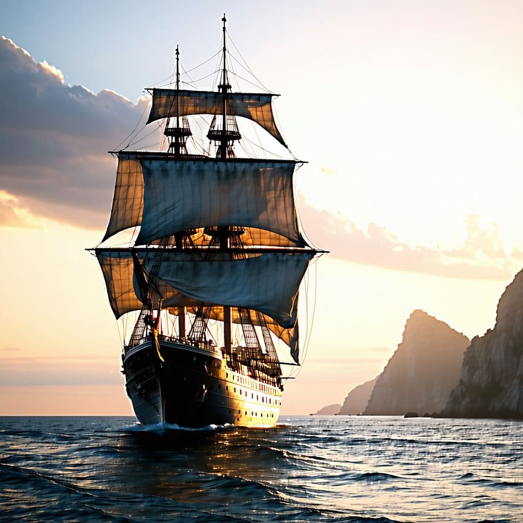 AI generated: Photo of a ultra realistic sailing ship, dramatic light, pale sunrise, cinematic lighting, battered,...