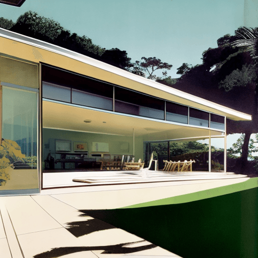 AI generated: Hyper realistic eye level exterior photo of a mid century modern style house overlooking the ocean, ...
