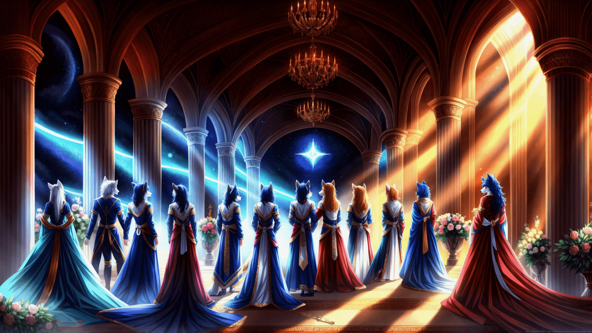 AI generated: furry art, uploaded on e621, furry, yiff, anthro, fox, wolf, orgy, standing, extremely beautiful fac...