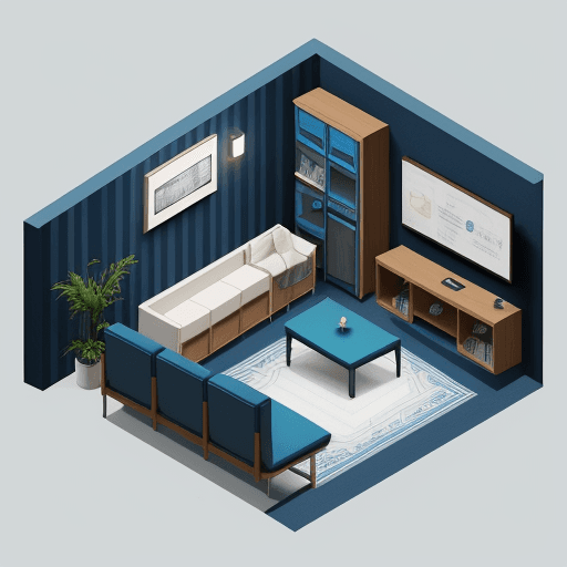 AI generated: medium rest room, in a blue tone, with sofa, bench with coffee, simple corporate environment, televi...
