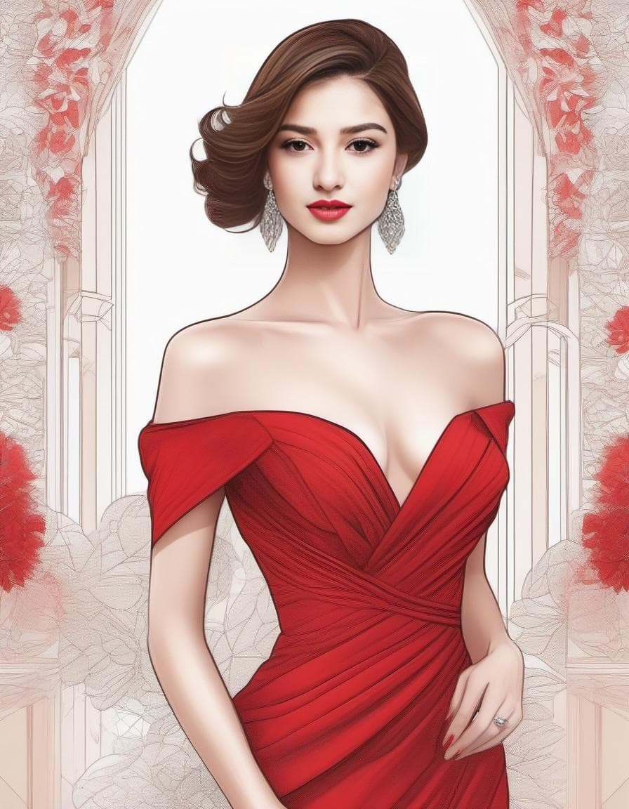 AI generated: FashionShow - ColoringBook style. Award winning fashion illustration of a stunning woman in a red dr...