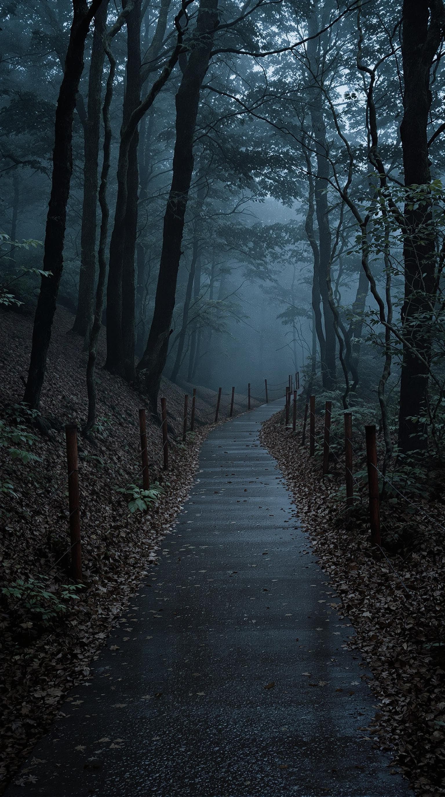 AI generated: A hyper-realistic forest path at dusk, winding through dense, mist-covered trees. The ground is over...