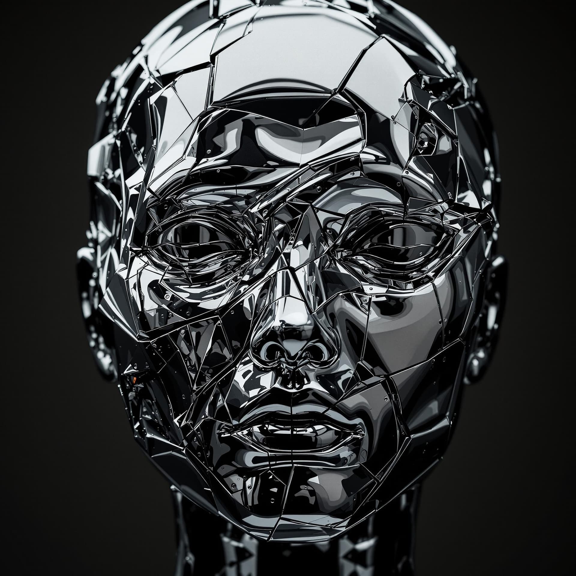 AI generated: highly reflective, polished metal humanoid face, distorted and twisted into abstract shapes, reflect...