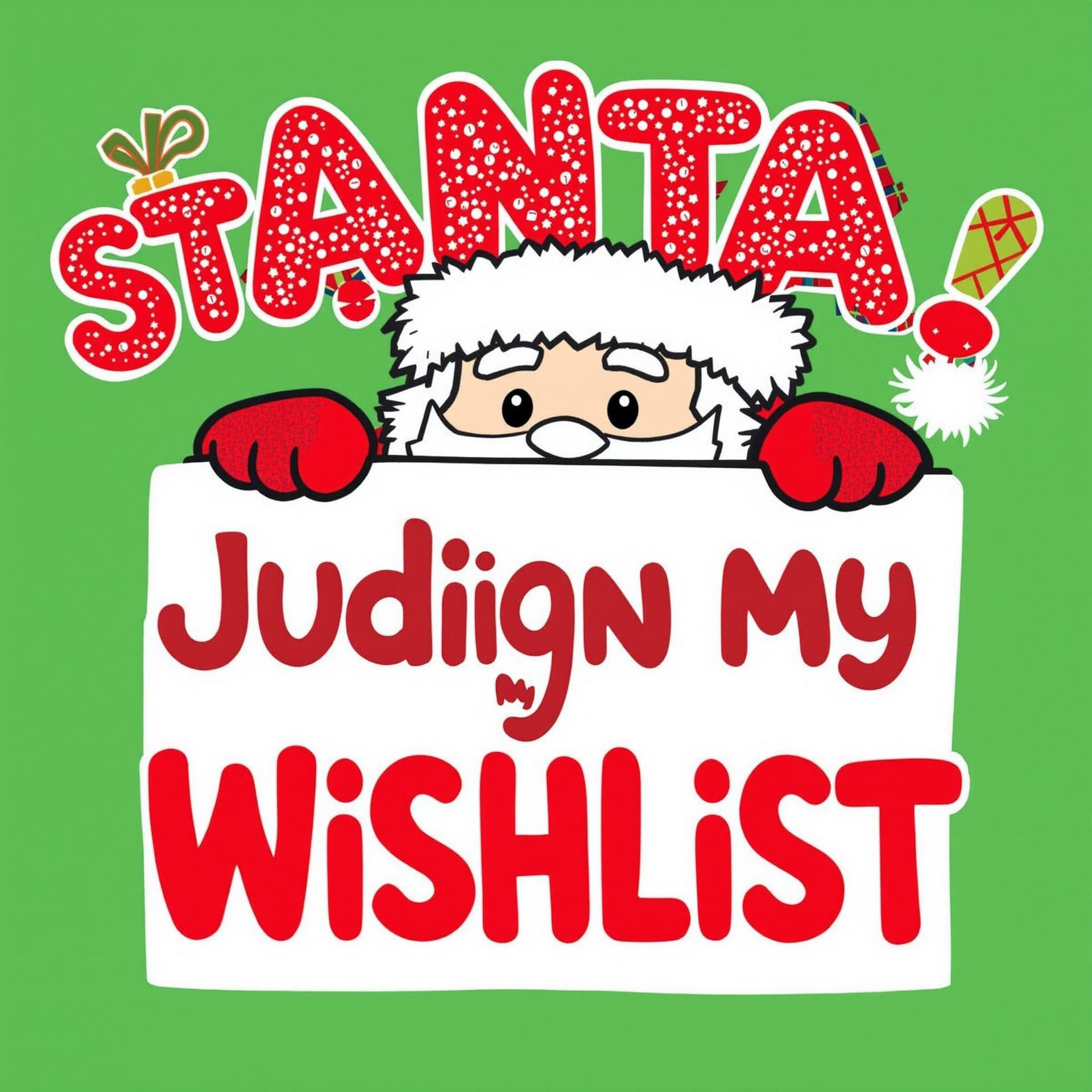AI generated:  "Santa, Stop Judging My Wishlist"
Font: Playful, bubble-style font.
Graphic: Santa peeking over a c...