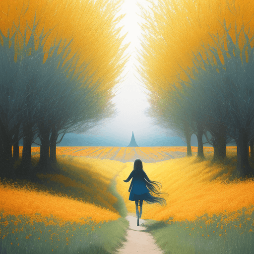 AI generated: a girl walking through a field, in the style of ethereal trees, dark yellow and azure, majestic, swe...