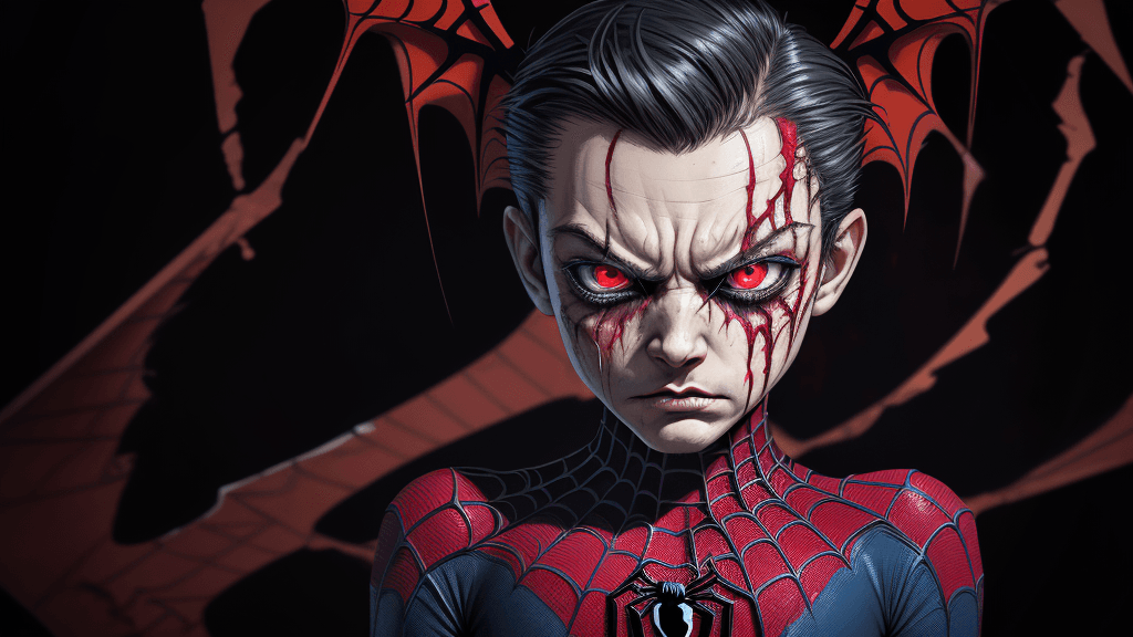 AI generated: in a funky background portrait of little evil vanquished Spider-Man, spiderweb wings, extremely Prom...