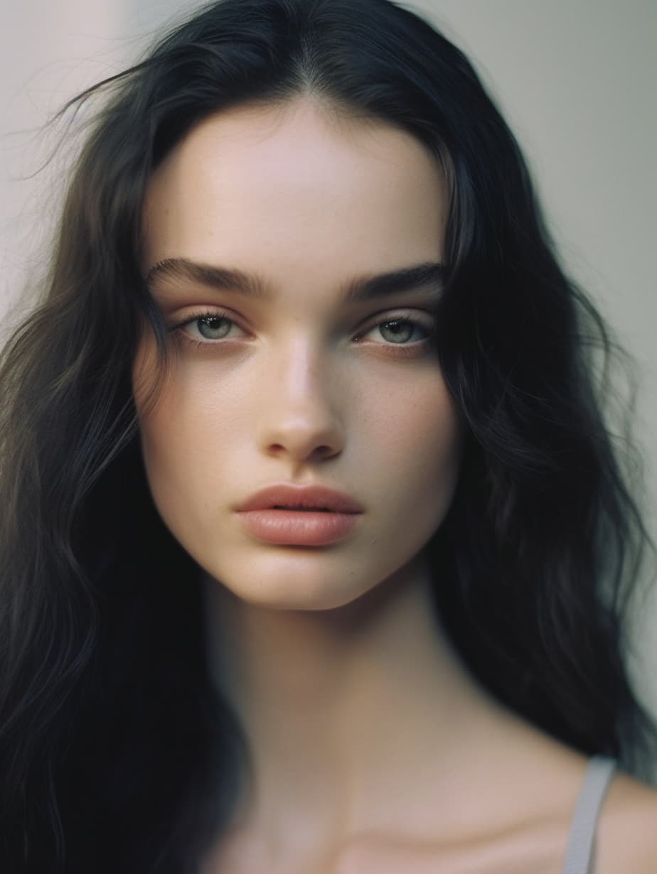 AI generated: a woman with long brown hair and blue eyes, nonbinary model, victoria siemer,  contourless, photo of...