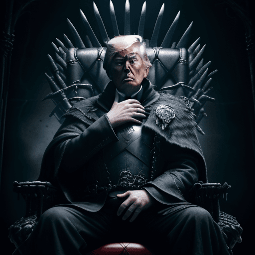 AI generated: 
 trump sitting on the iron throne,  photorealistic, ominous, dark, forerboding, facially correct, r...