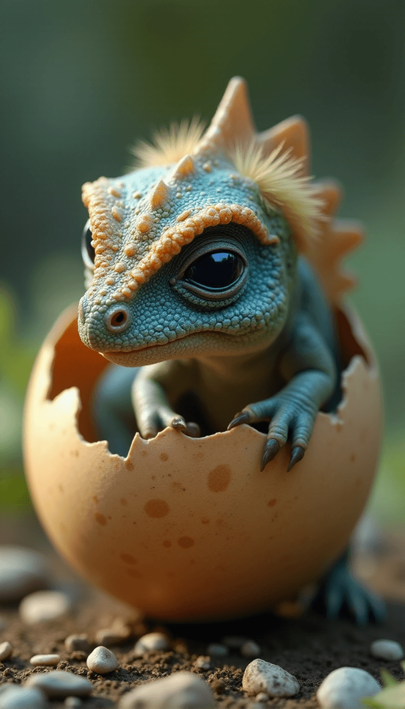 AI generated: (Photorealistic macro shot) of a (miniature newborn dinosaur) crawling out of a (broken eggshell). T...