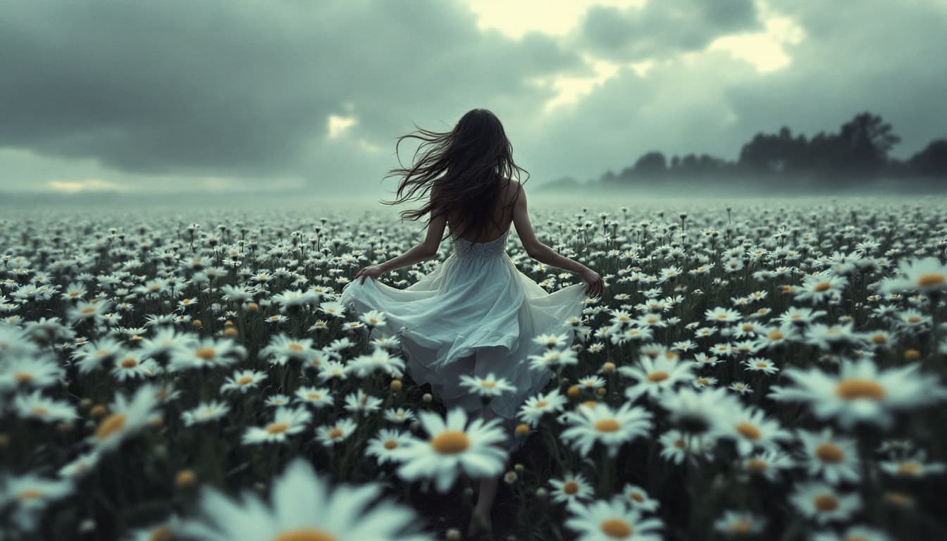 AI generated:  field of daisy flowers, he soft petals of daisies surround, creating a contrast with the darkened s...
