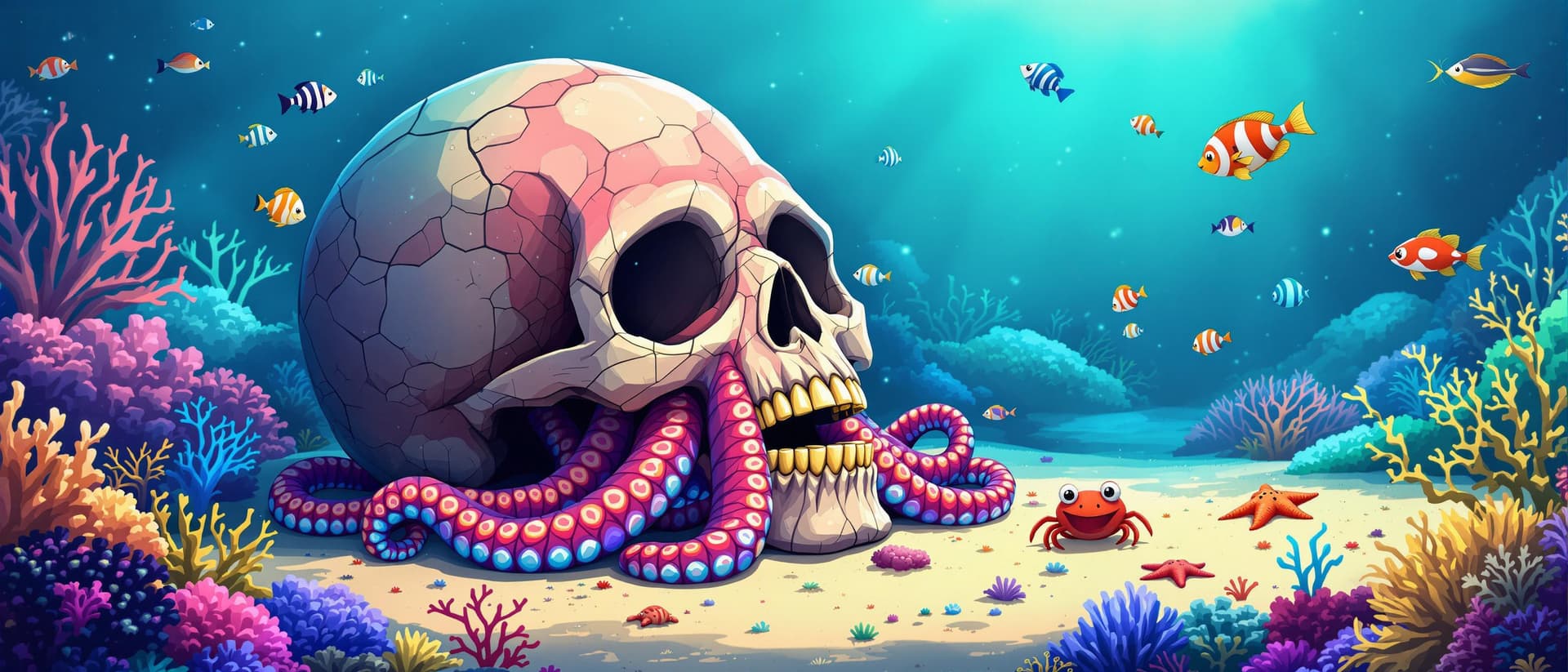 AI generated: Cartoon like, underwater, Octopus, hiding in a human skull, missing teeth, gold teeth, lying on sand...