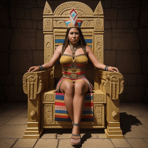 AI generated: Latina inca 30 years-old woman sitting on an ancient throne with crossed legs in pyramid background,...