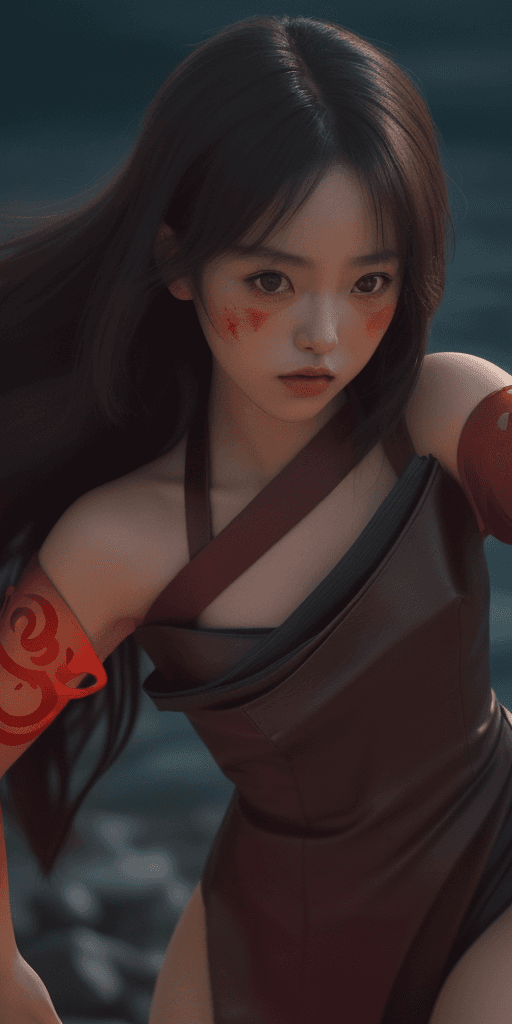 AI generated: an image with a character on an island, in the style of kawacy, dark bronze and red, luminous brushw...