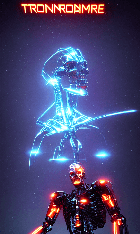 AI generated: Movie poster with text, "TRONATOR 1", Terminator posing, spaceships made of cannabis leafs, The Term...