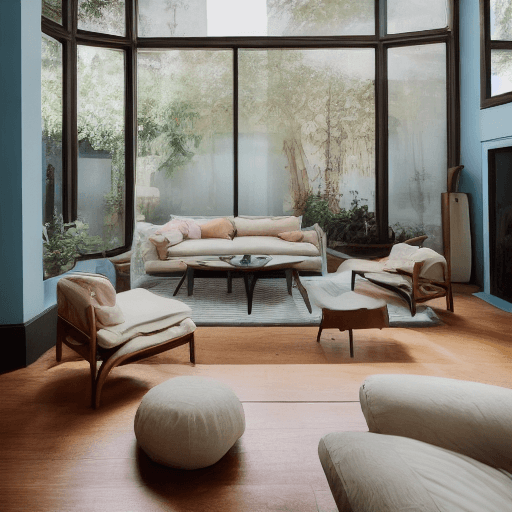 AI generated: High resolution photography interior design, dreamy sunken living room conversation pit, wooden floo...
