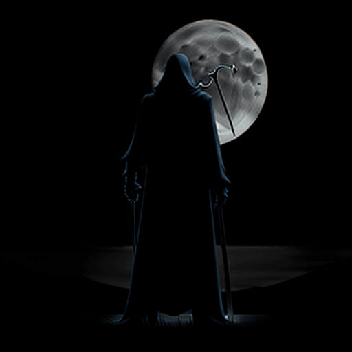 AI generated: The Grim Reaper standing alone facing forward, with his scythe in his hand with the moonlight illumi...