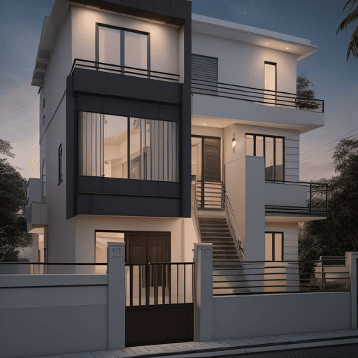AI generated: 3 story residential house front exterior design, 24x40 size row house, modern look, use night lights...