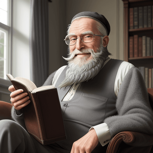 AI generated: Old man, grey long beard, grinning, holding bible in his hand, small round glasses, Biedermeier room...