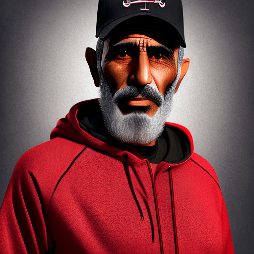 AI generated: High resolution photography Arab man, 50 years old, thin build, red beard, no mustache, black baseba...