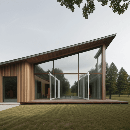 AI generated: photorealistic, canon EOS 5d, wood exterior,minimalistic two story museum building in a serene rural...