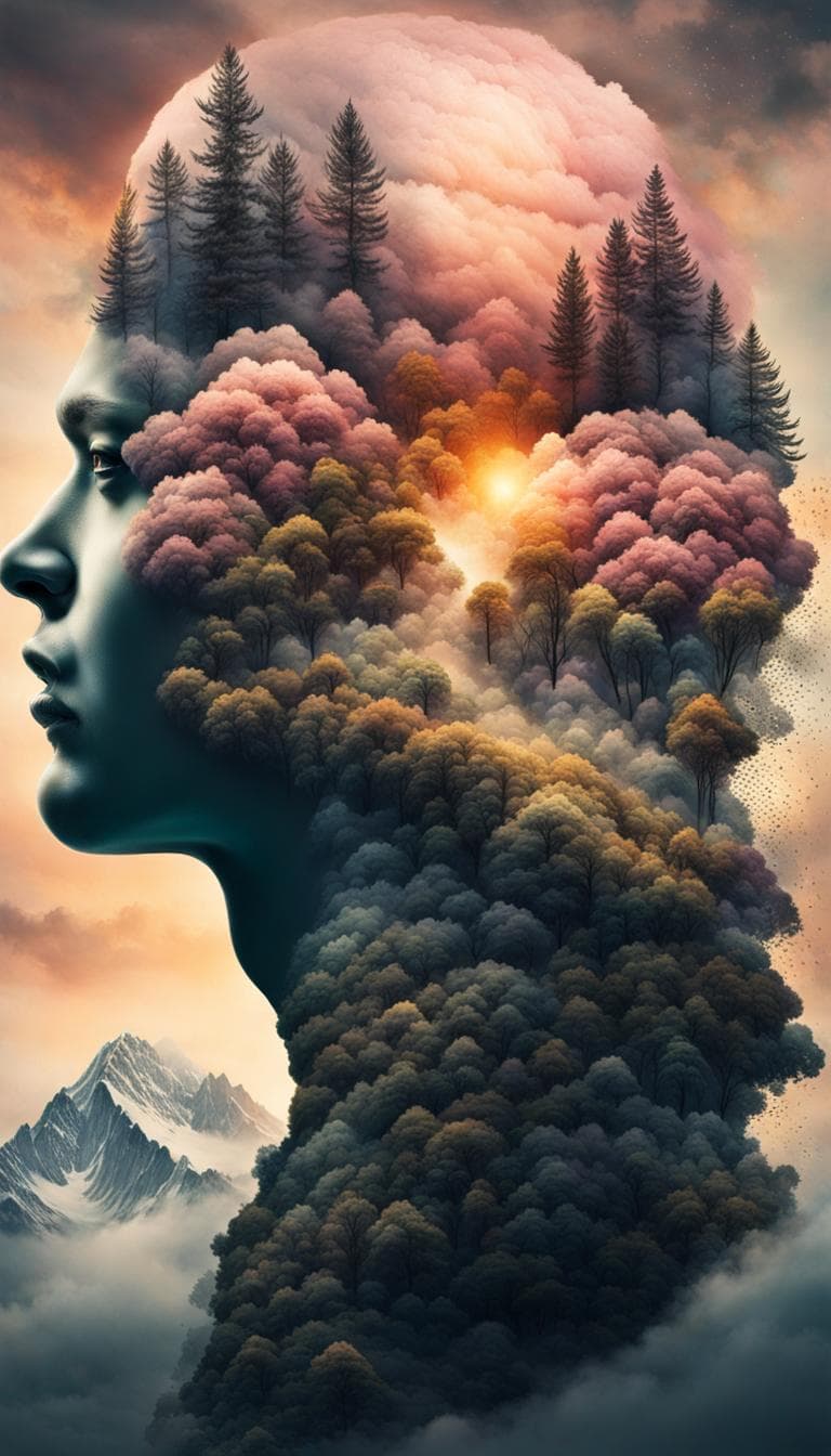 AI generated: Double Exposure Human-Nature, trees, flowers, mountain, sunset, nature mind, expressive creative art...