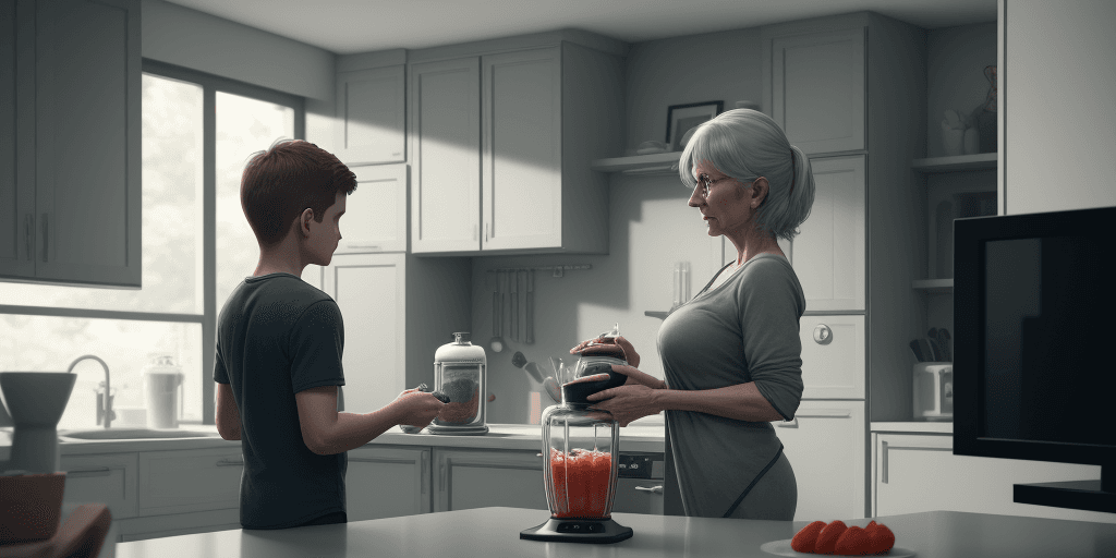 AI generated: A mother using a blender in the kitchen while her son watches television(TV) , cinematic, hyper real...