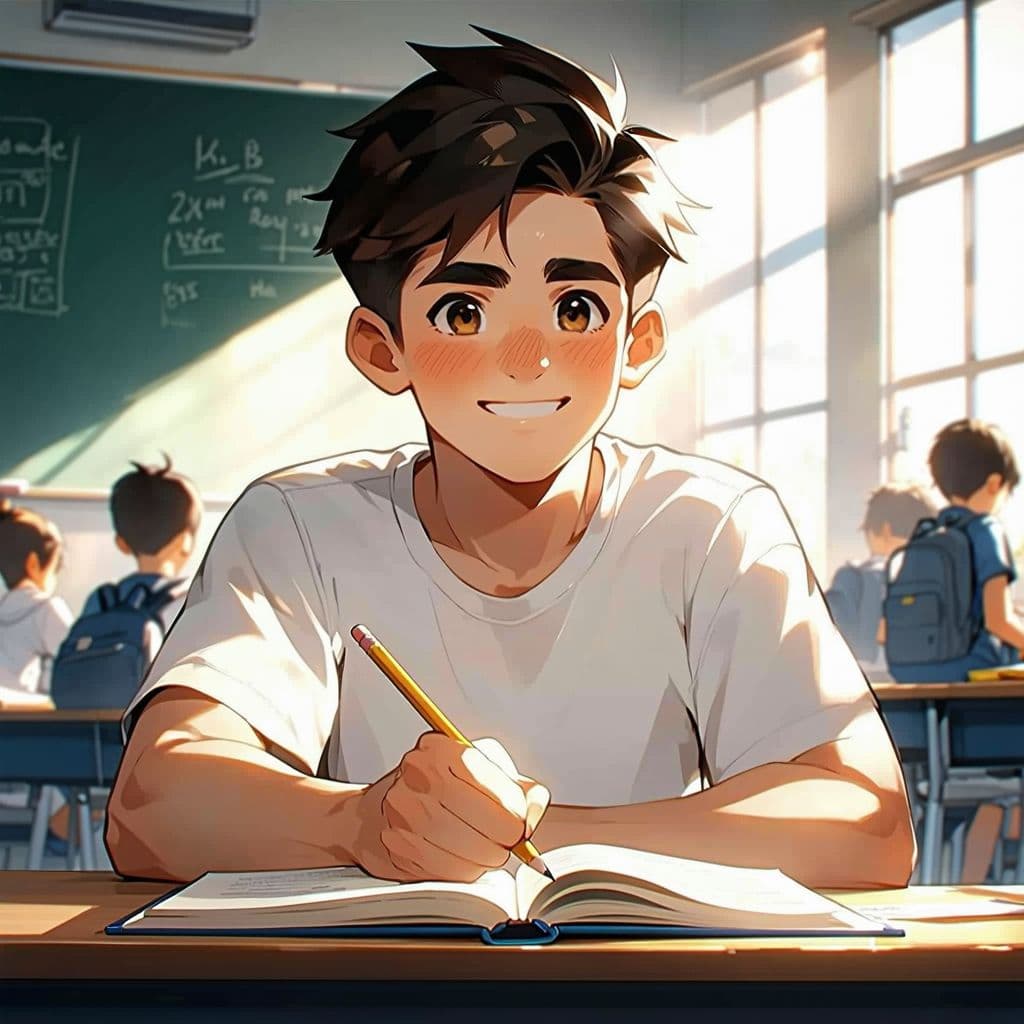 AI generated: "1 boy, solo, sitting in a school room, half body cinematic style (Ufotable, Mappa) , determined yet...