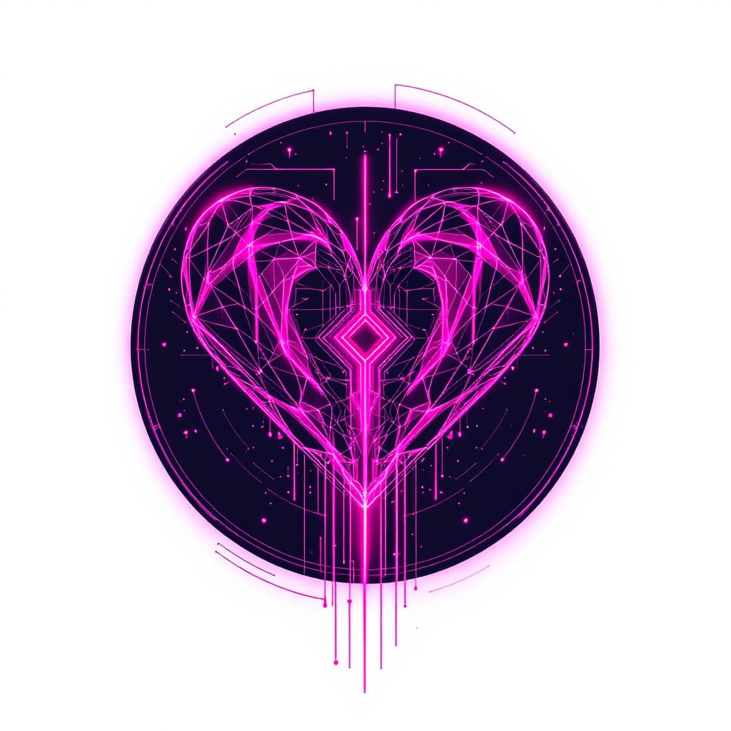 AI generated: A cyber punk unique heart emblem in pink a circle on a white background