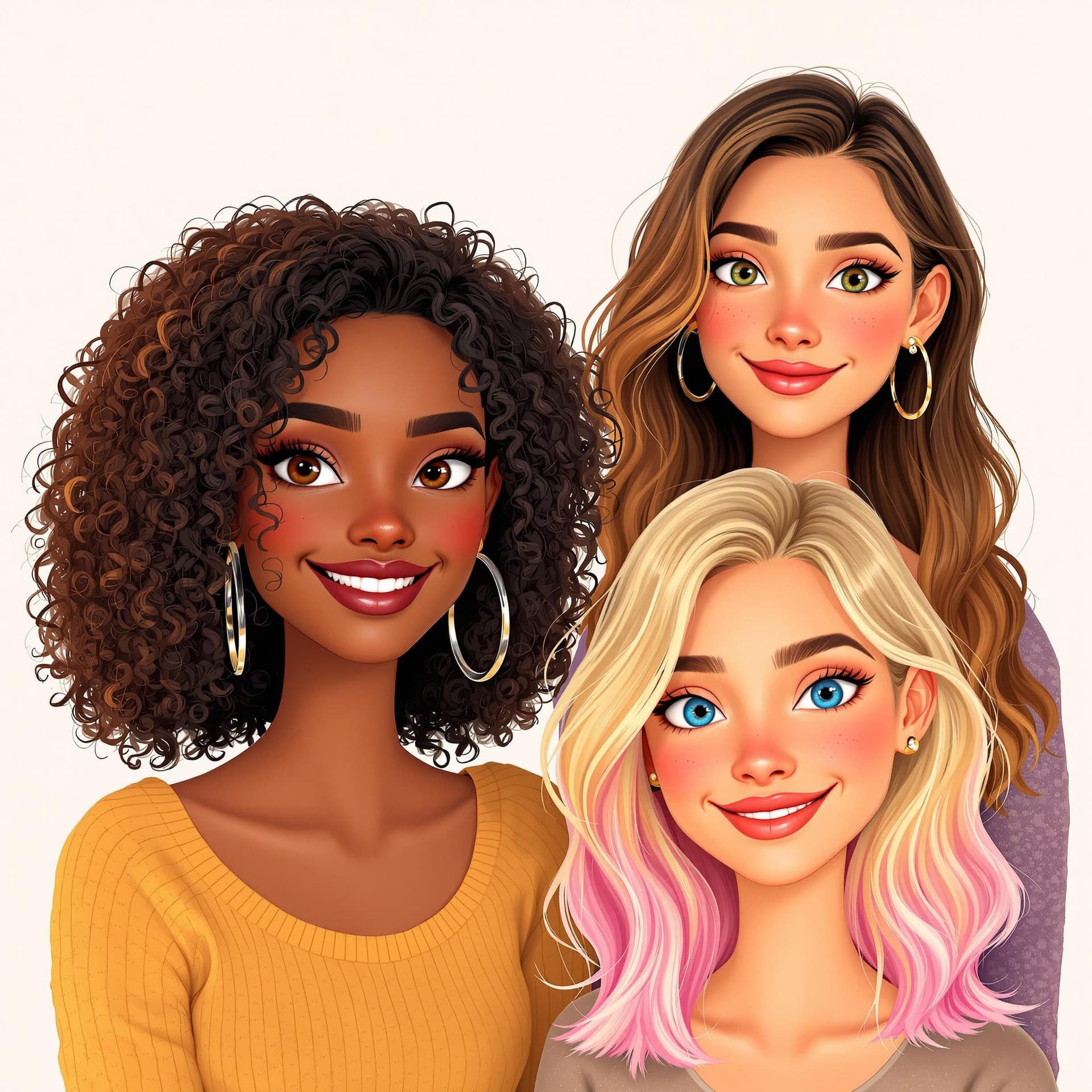 AI generated: Generates an illustration Pixar style image of four girls, friends in their 30s;
1. Light brown hair...