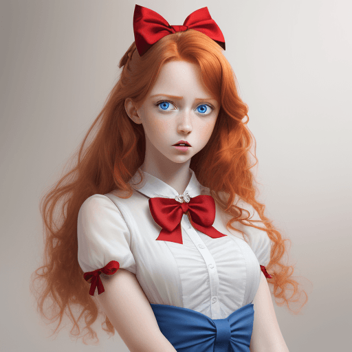 AI generated: Hyper realistic, young female negligee model , ginger hair, l, medium hair, blue eyes, hair bow, rib...