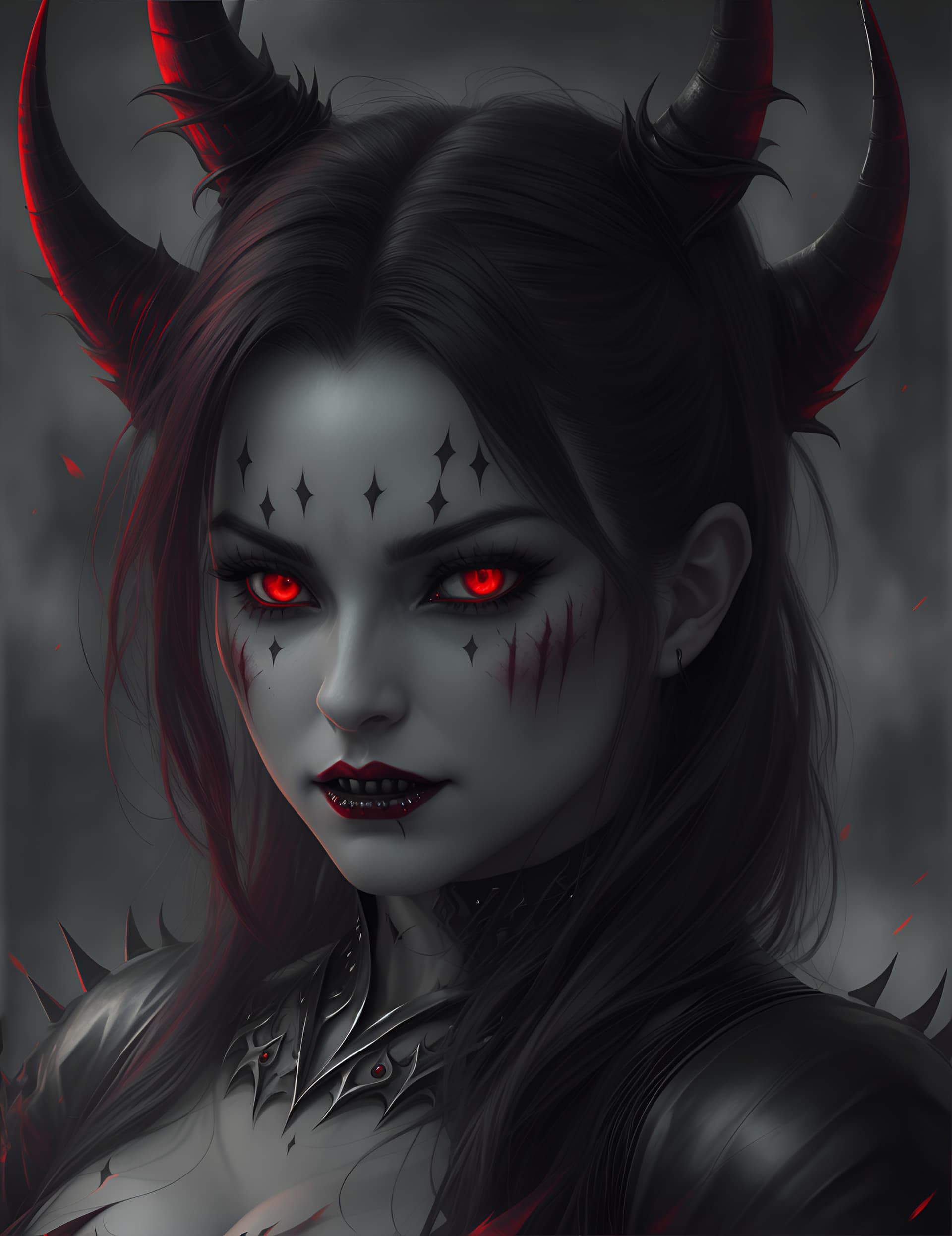 AI generated: "Create a photorealistic image of a striking and terrifying female demon with a perfect body and dem...
